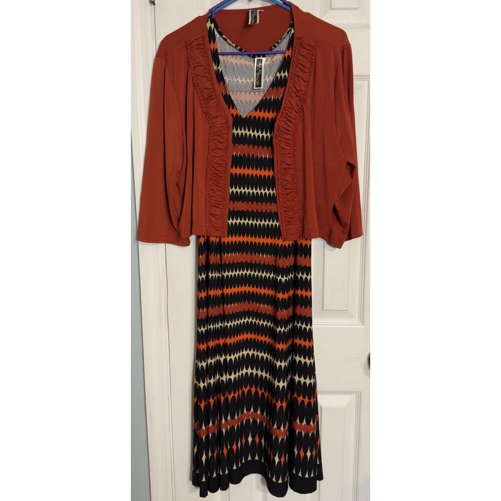 Julian Taylor Orange/Black/Cream Midi Dress With Shaw, 2 Pieces, 16P